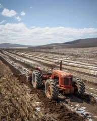 Obraz premium Weathered Tractor Leaving Its Mark Across Geometric Farmland Patterns