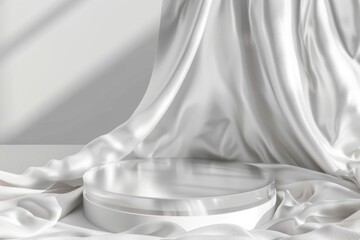 Round transparent glass platform  Podium background 3D on silver color wave silk satin fabric background. Blank silver color cylinder form mock up background for beauty cosmetic product presentation 