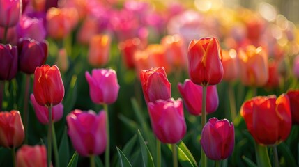 A field of tulips in full bloom, creating a sea of vibrant colors under the spring sun.
