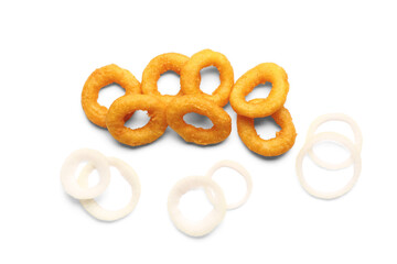 Fried breaded onion rings on white background