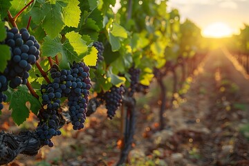 Lush Vineyard Bathed in Golden Sunset Glow with Ripe Grape Clusters
