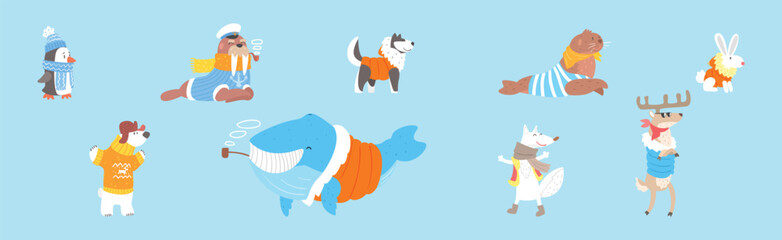 Funny Animal Character Wearing Winter Clothes Vector Set