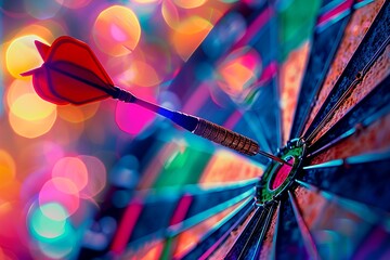 a single dart hitting the bullseye of a vibrant dartboard with a mesmerizing bokeh light effect