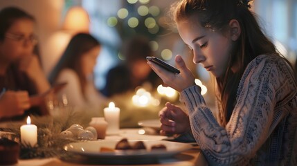 Teenager Avoiding Family Gathering with Phone Screen