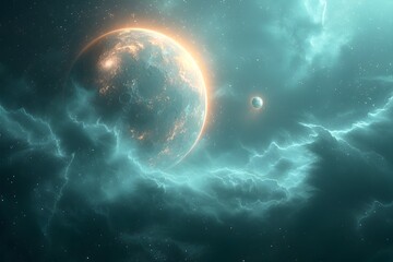 Obraz premium Ethereal Cosmic Realm Drifting in Serene Luminescent Mist Shrouded Void with Delicate Brush Strokes