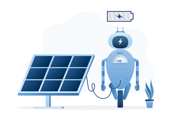 Cyborg with low battery charge. Robot with artificial intelligence charging battery on solar panel station. Technology of fast charge battery. Sustainable development.