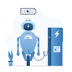 Cyborg with low battery charge. Robot with artificial intelligence charging battery on station. Technology of fast charge battery.