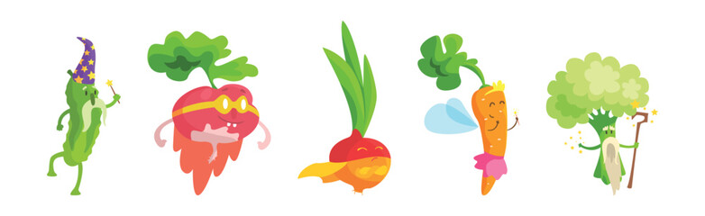 Funny Vegetable Character Dressed in Costume Vector Set