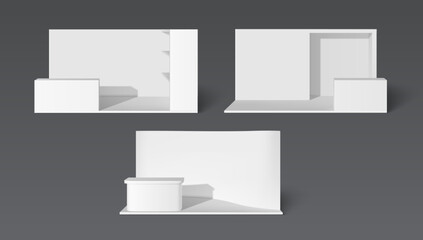 3D exhibition booth mockups set isolated on background. Vector realistic illustration show room with blank walls, empty shelves for product presentation and office desk, business expo design elements