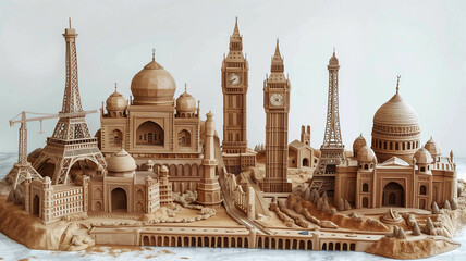 Intricately detailed clay sculptures depicting famous landmarks and monuments from around the world. Ai generated