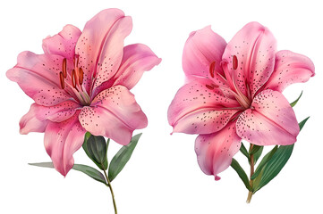 Lily pink flower set,Watercolor painted flowers, Lily pink flower on a white background.
