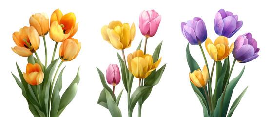 Obraz premium Tulips flower set, Watercolor painted flowers,Bouquet of tulips on white background.