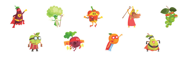 Funny Vegetable Character Dressed in Costume Vector Set