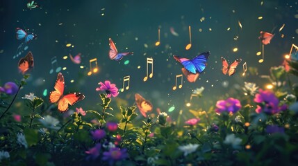 A dreamlike Easter garden where musical notes float in the air, transforming into colorful butterflies with each melodic tune.