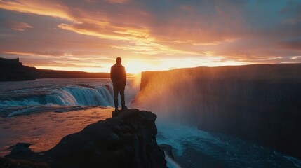 A man stands on a cliff overlooking a waterfall - Powered by Adobe