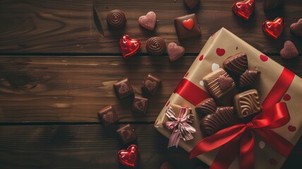 Chocolates, elegantly wrapped gifts on wooden background. Chocolate background. World Chocolate Day...