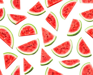 Naklejka premium Watermelon slices with juicy red flesh and green rinds arranged in a playful, scattered pattern on a transparent background. Generative AI