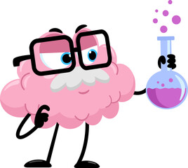 Scientist Or Professor Brain Cartoon Character Holding A Flask. Vector Illustration Flat Design Isolated On Transparent Background