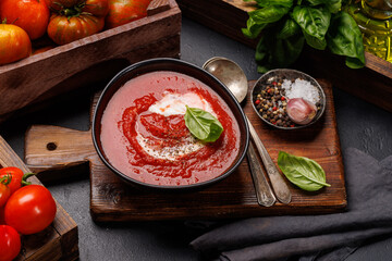 Refreshing homemade tomato gazpacho soup
