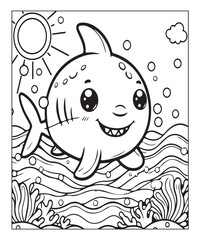 Cute Shark Coloring Page. black and white vector illustration for coloring book, Generative AI