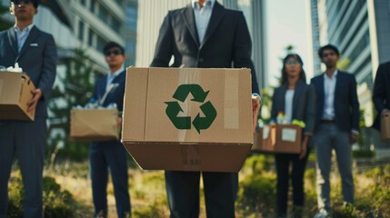 A man is holding a cardboard box with a green recycling symbol on it