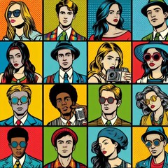 A group of people with sunglasses and hats, a pop art painting, figurativism, pop art, maximalism,...