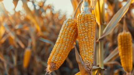 A bunch of corn stalks with yellow corn on top - Powered by Adobe