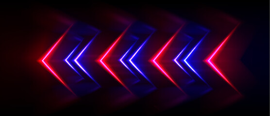 Abstract blue and red neon light arrow background. Digital tech line glow design with geometric shape speed motion sign. Dark electric banner to boost power or direction shine for cyber casino gamer. © klyaksun