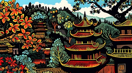 Colorful mountains flower illustration poster background