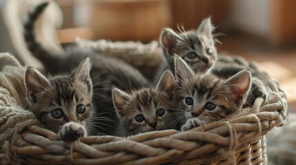A group of kittens tumbling over each other in a soft, knitted basket.