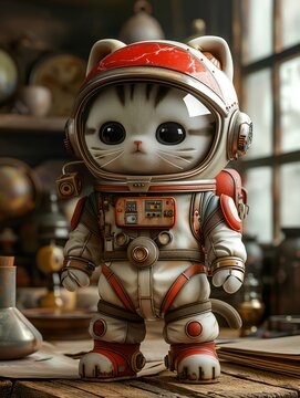 An adorable astronaut cat wearing a spacesuit with a red helmet and white body. The cat is standing on a table, looking at the camera with big, curious eyes.