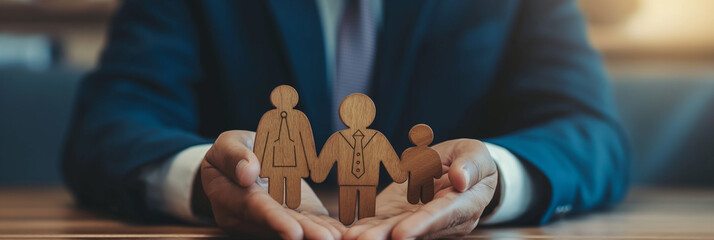 In a well-lit office setting, a businessman showcases wooden cutouts of a family, indicating family values and insurance concepts