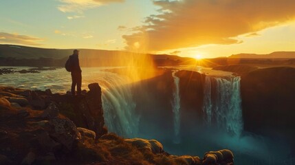 A man stands on a cliff overlooking a waterfall