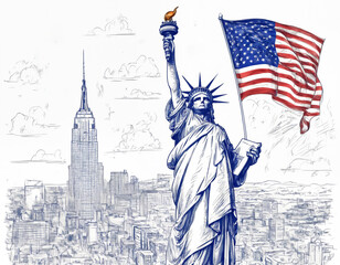 United States of America art. Statue of liberty, golden eagle,crossed flags. Patriotic style. Old school tattoo style. History and culture. Traditional USA concept