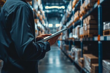 A male businessman is using an iPad in the warehouse