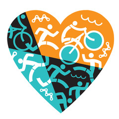 I love fitness, triathlon, running, swimming, cycling.
 Illustration with colorful heart symbol with triathlon athletes, swimmers, cyclists, runners. Useful as t-shirt design. Vector available.	