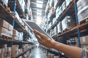 A male businessman is using an iPad in the warehouse