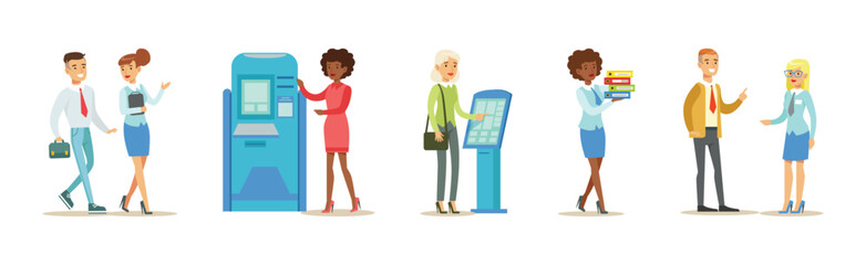 People Clients in Bank Office Talk to Consultant Vector Set