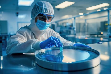Cleanroom Care A worker in a cleanroom carefully handles a silicon wafer, a critical stage in creating powerful computer chips 