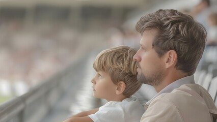 Fototapeta premium Father and son bonding at a sports game in the stadium. Concept Father-Son Bonding, Sports Game, Stadium Experience