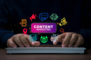 Content marketing concept. Content creator using computer for Containing seo, content, website,...