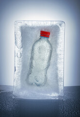 Bottle frozen in a piece of ice. Bubbles and cracks in the ice, vertical photo