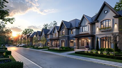 a modern suburban street lined with elegant two-story houses featuring clean architectural lines and contrasting trim.