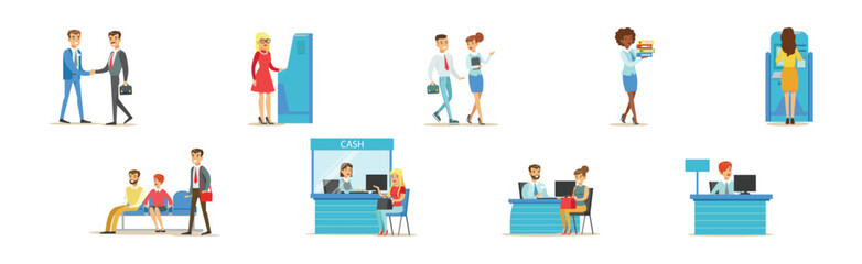 People Clients in Bank Office Talk to Consultant Vector Set