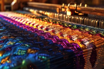 Obraz premium Woven Journey A loom intricately weaves threads together to create a colorful and intricate fabric pattern
