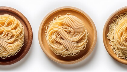 raw ramen noodle in wood plate isolated on white background. fresh egg ramen noodles isolated on white background. Japanese food ramen noodles isolated on white background