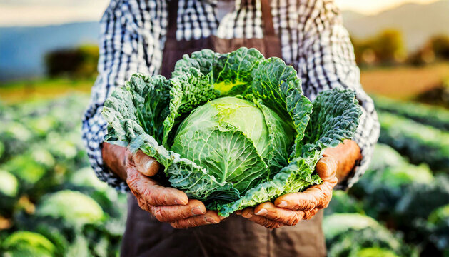 Close-up of two wrinkled hands (cupped hands) of a senior male farmer, holding a fresh harvested kale cabbage. Cabbage cultivation on blurred background. Generative Ai.