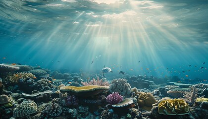 Fototapeta premium AI generated illustration of an underwater scene with a school of fish around coral reefs