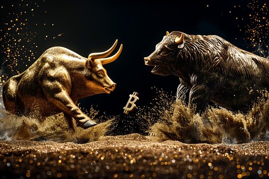 a symbolic representation of cryptocurrency market trends with a golden bull and a metallic bear facing off