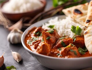 Chicken Tikka Masala Curry Naan Garlic Basmati Rice Close-Up Indian Food Dining Dinner Blurred Background Image
